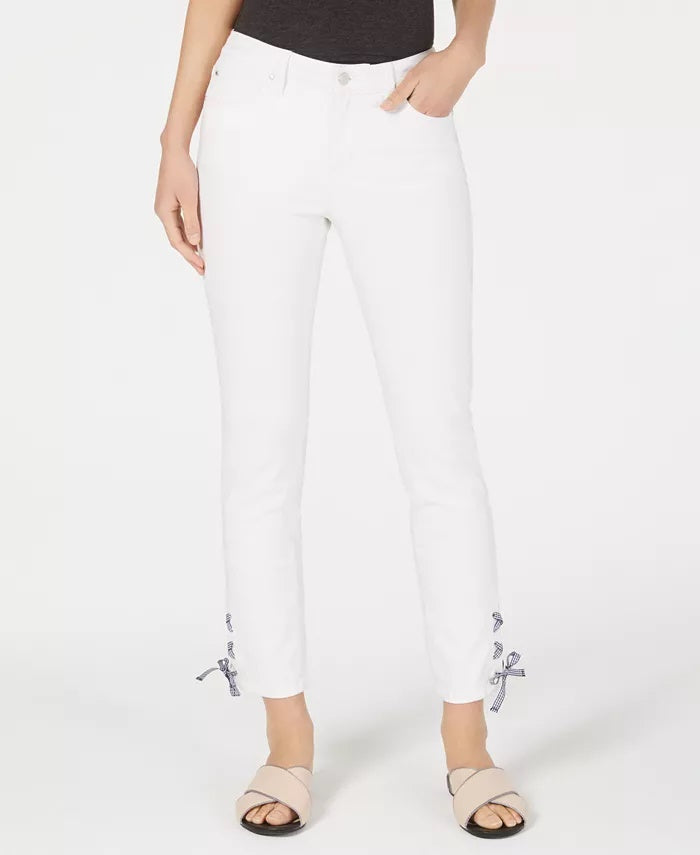 Charter Club Women's Gingham Lace-Up Skinny Jeans White Size Square 18