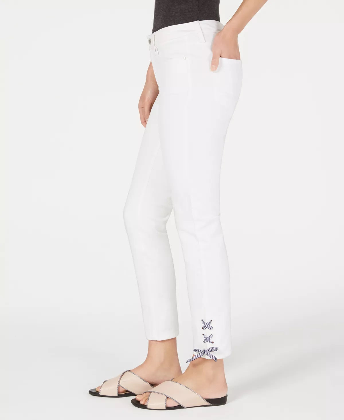 Charter Club Women's Gingham Lace-Up Skinny Jeans White Size Square 18
