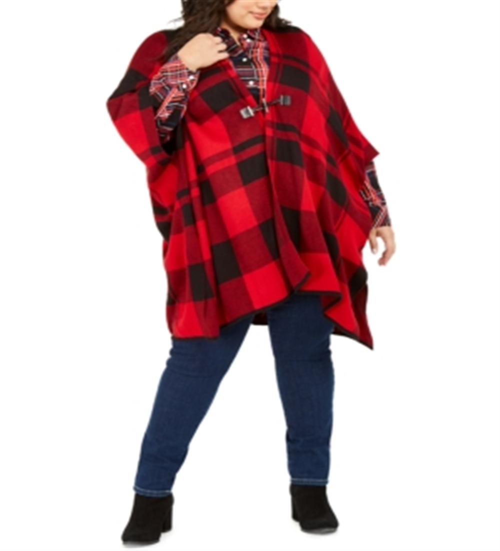 Tommy Hilfiger Women's Plus Plaid Poncho Sleeves Wrap Sweater Red Size XL