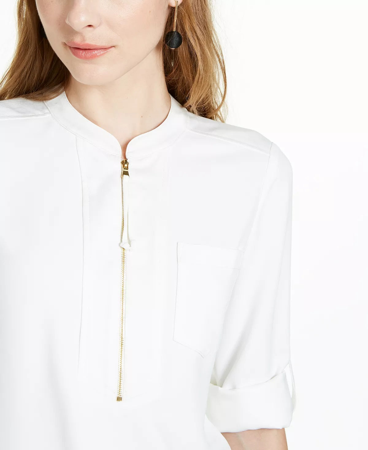 Trina Turk Women's Kaiko Zip-Front Roll-Tab-Sleeve Top White Size Small