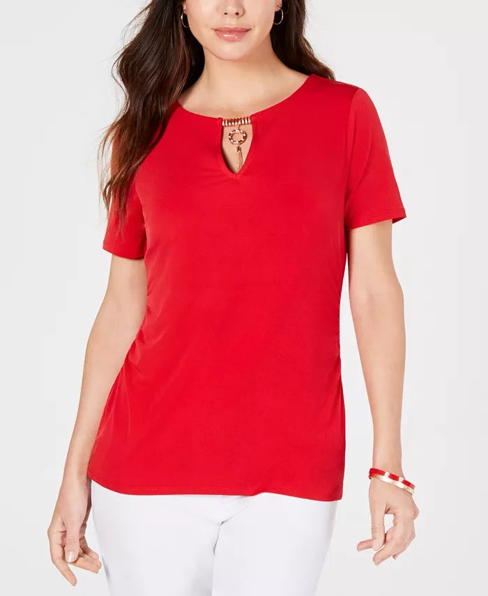 JM Collection  Women's Embellished Keyhole Top Red Size Petite Small