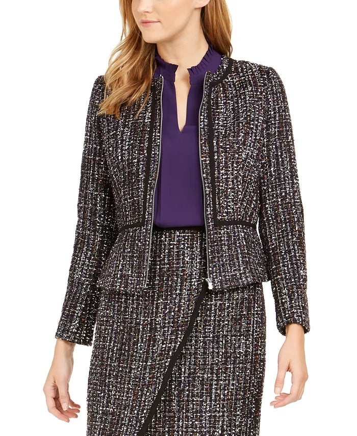 Calvin Klein Women's Tweed Zip Front Collarless Jacket Black Size 0