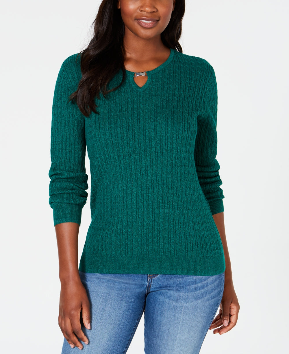 Karen Scott Women's Cotton Cable Knit Keyhole Sweater Green SizePetite XL