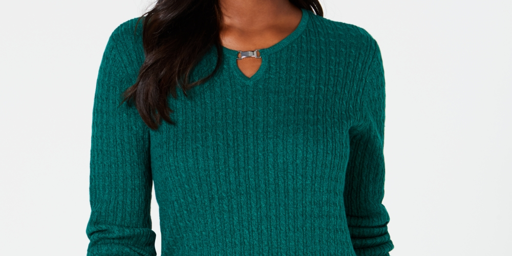 Karen Scott Women's Cotton Cable Knit Keyhole Sweater Green SizePetite XL