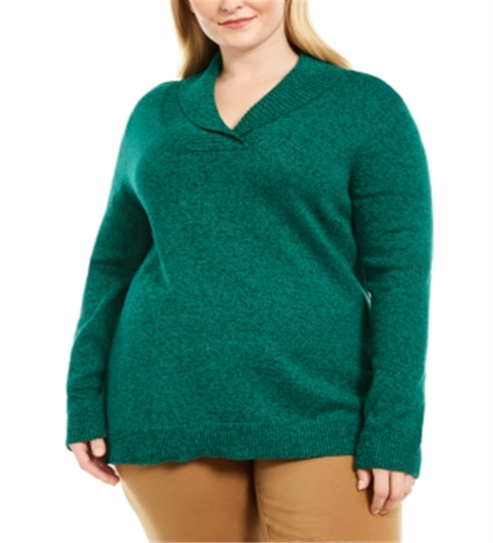 Karen Scott Women's Plus Marled Cotton Shawl Collar Sweater Green Size 0X