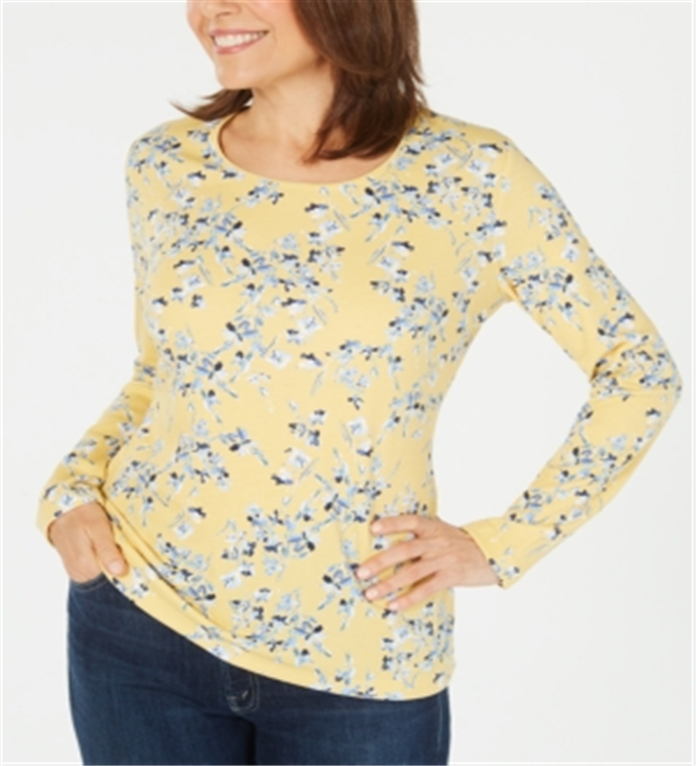Karen Scott Women's Printed Long Sleeve Top Yellow Size Large