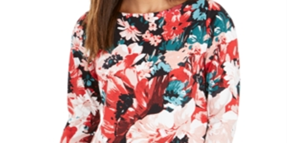 Charter Club Women's Floral Print Boat Neck Top Red Size X-Small