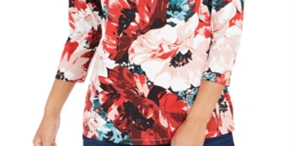 Charter Club Women's Floral Print Boat Neck Top Red Size X-Small