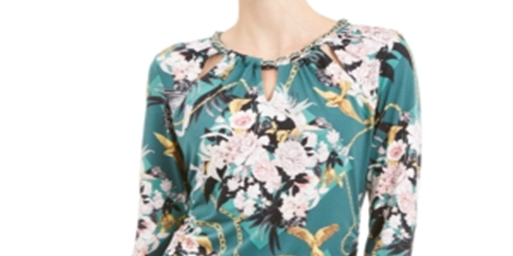 JM Collection Women's Printed Chain Neck Keyhole Top Green Size XX-Large