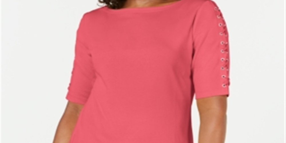 Karen Scott Women's Cotton Lace up Sleeve Top Coral Size Small