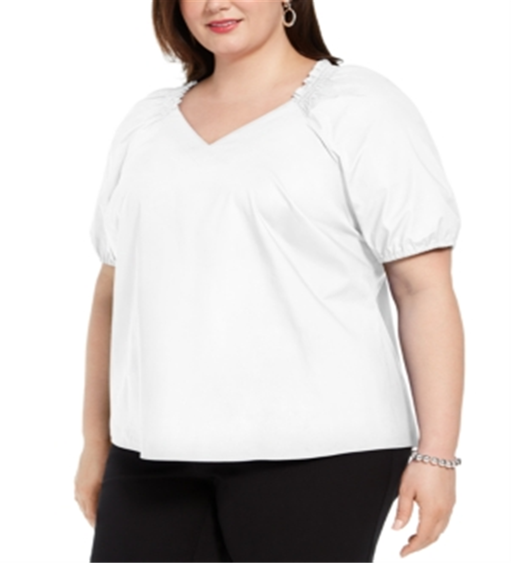 Alfani Women's Plus Smocked Trim V Neck Top White Size 2X