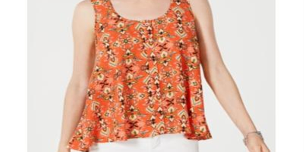 Style & Co Women's Printed Sleeveless High Low Swing Top Orange Size Small