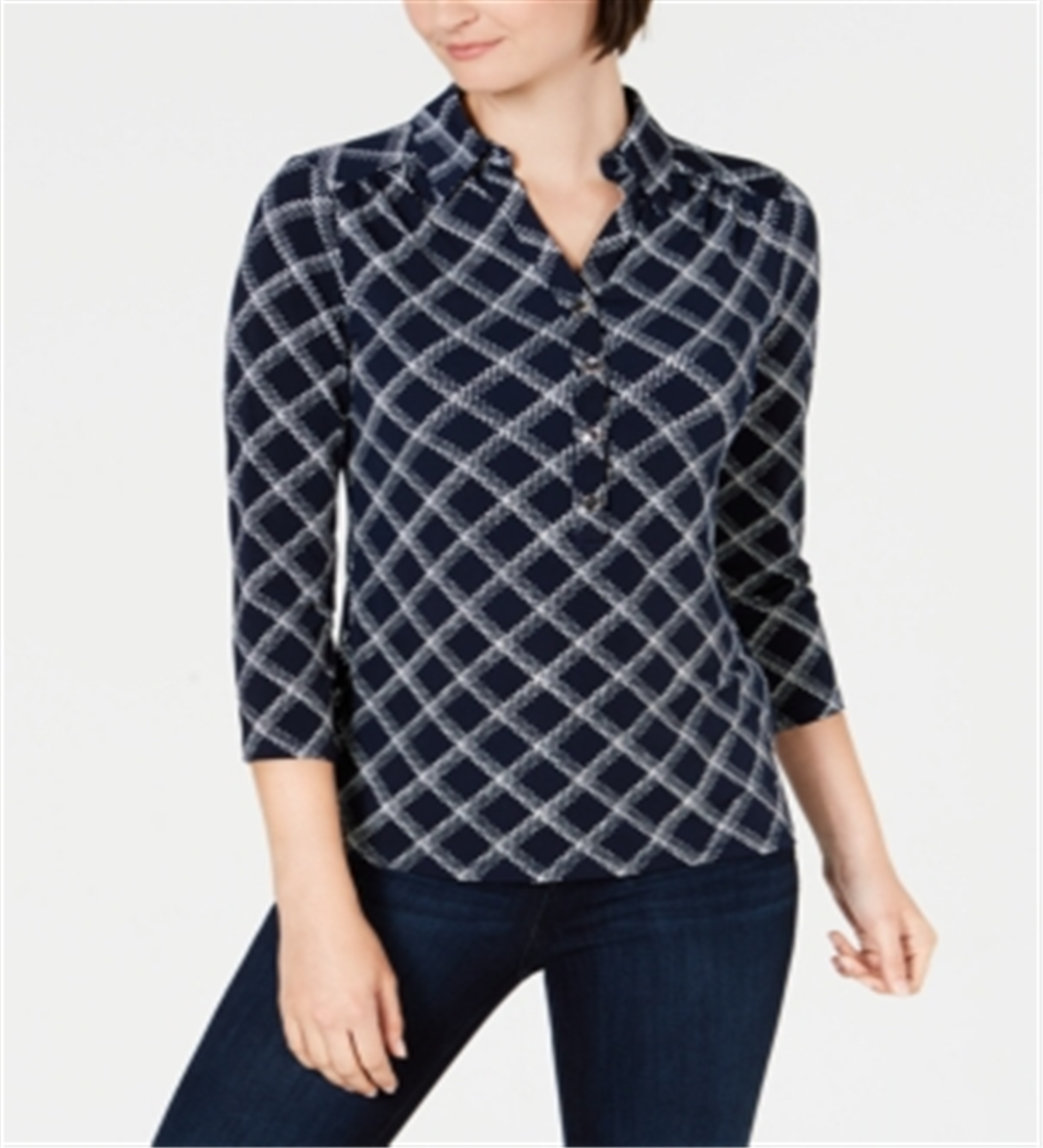 Charter Club Women's Plaid Polo Shirt Blue Size Small