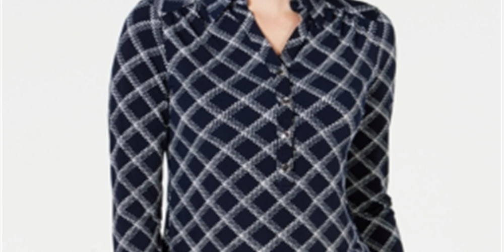 Charter Club Women's Plaid Polo Shirt Blue Size Small