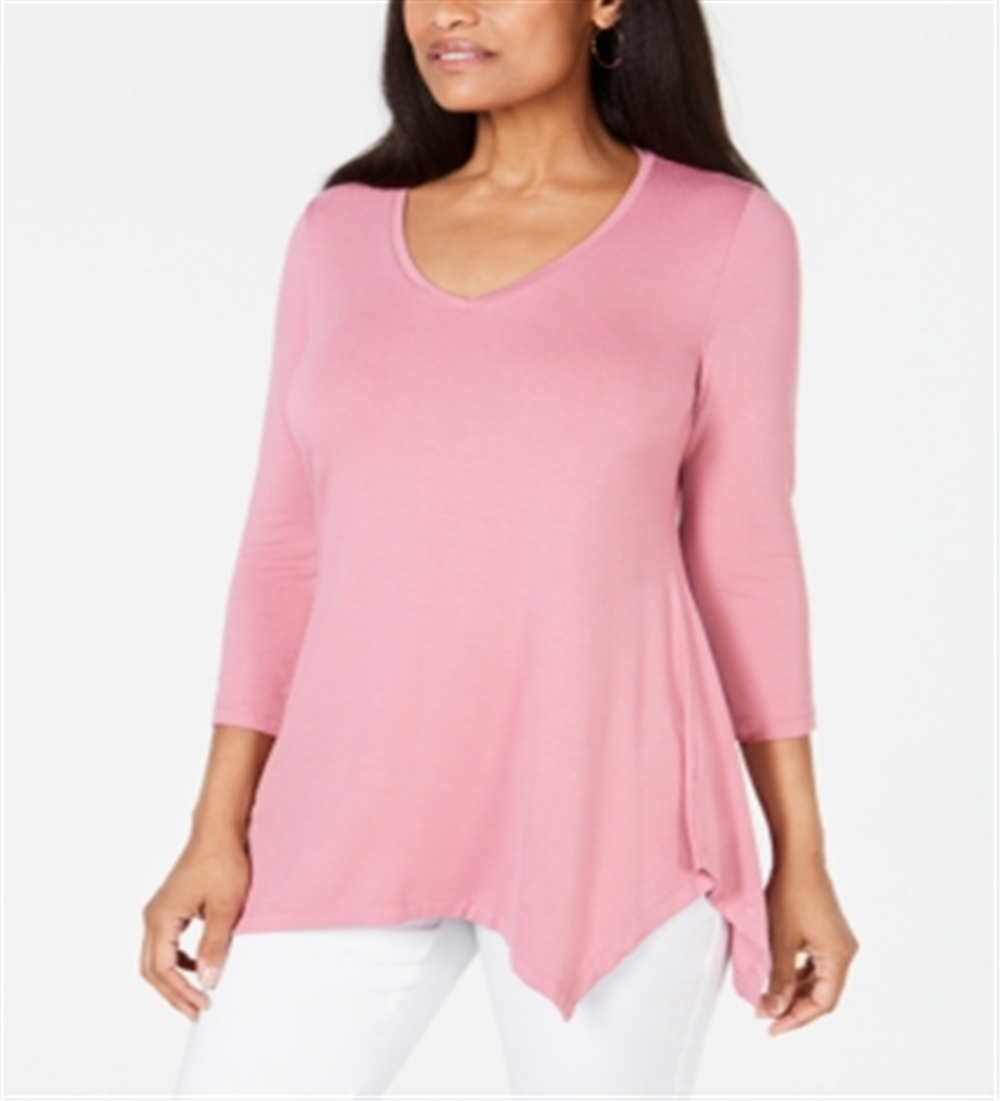 JM Collection Women's V-Neck Handkerchief-Hem Top Pink Size Medium