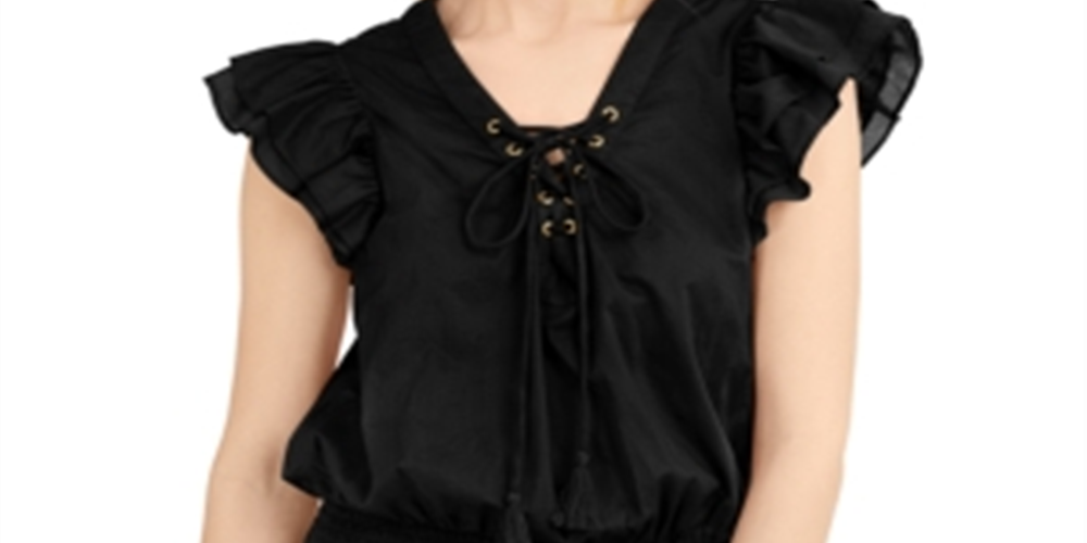 INC International Concepts Women's Lace up Ruffle Sleeves Blouse Black Size Medium