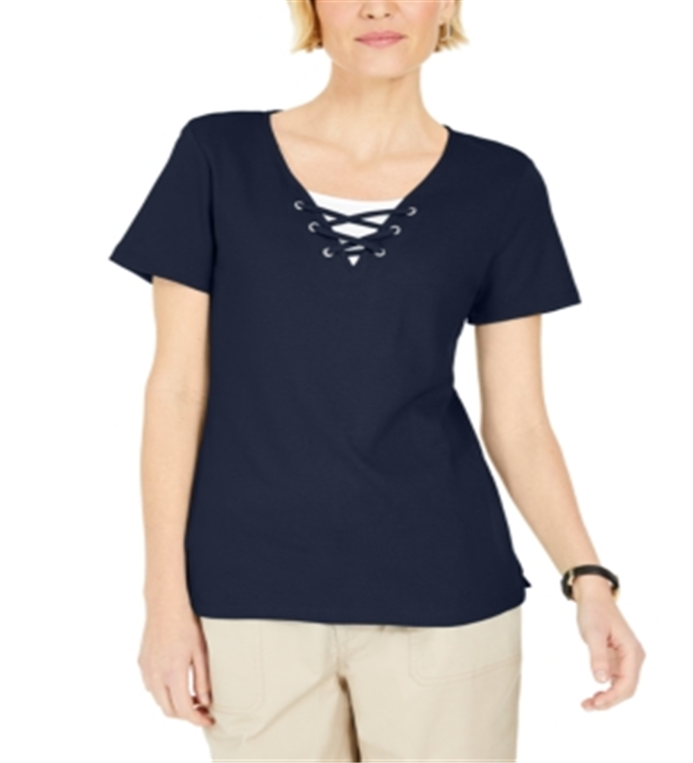 Karen Scott Women's Lace-up Layered-Look Top Blue Size Small