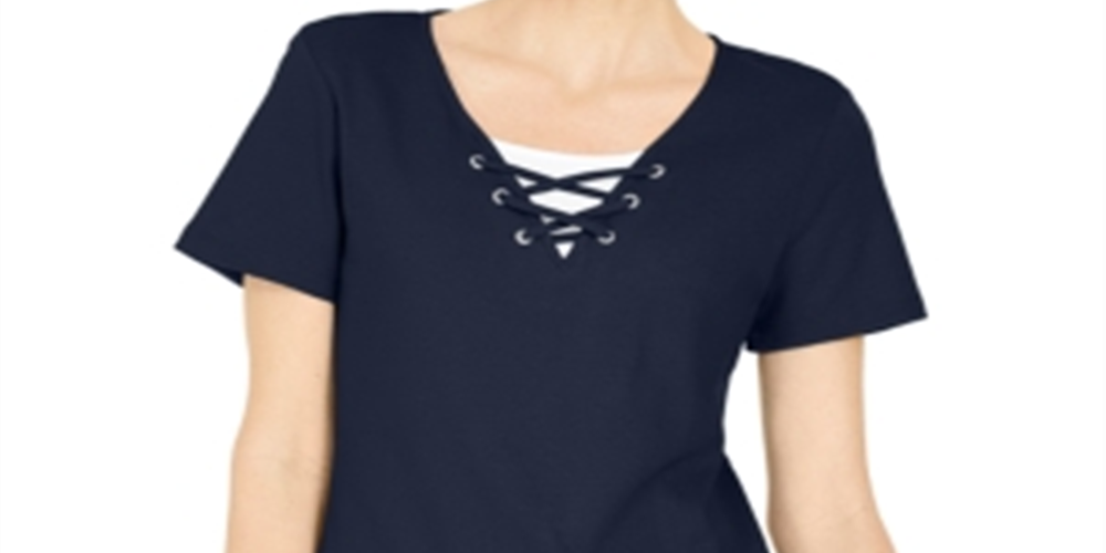 Karen Scott Women's Lace-up Layered-Look Top Blue Size Small