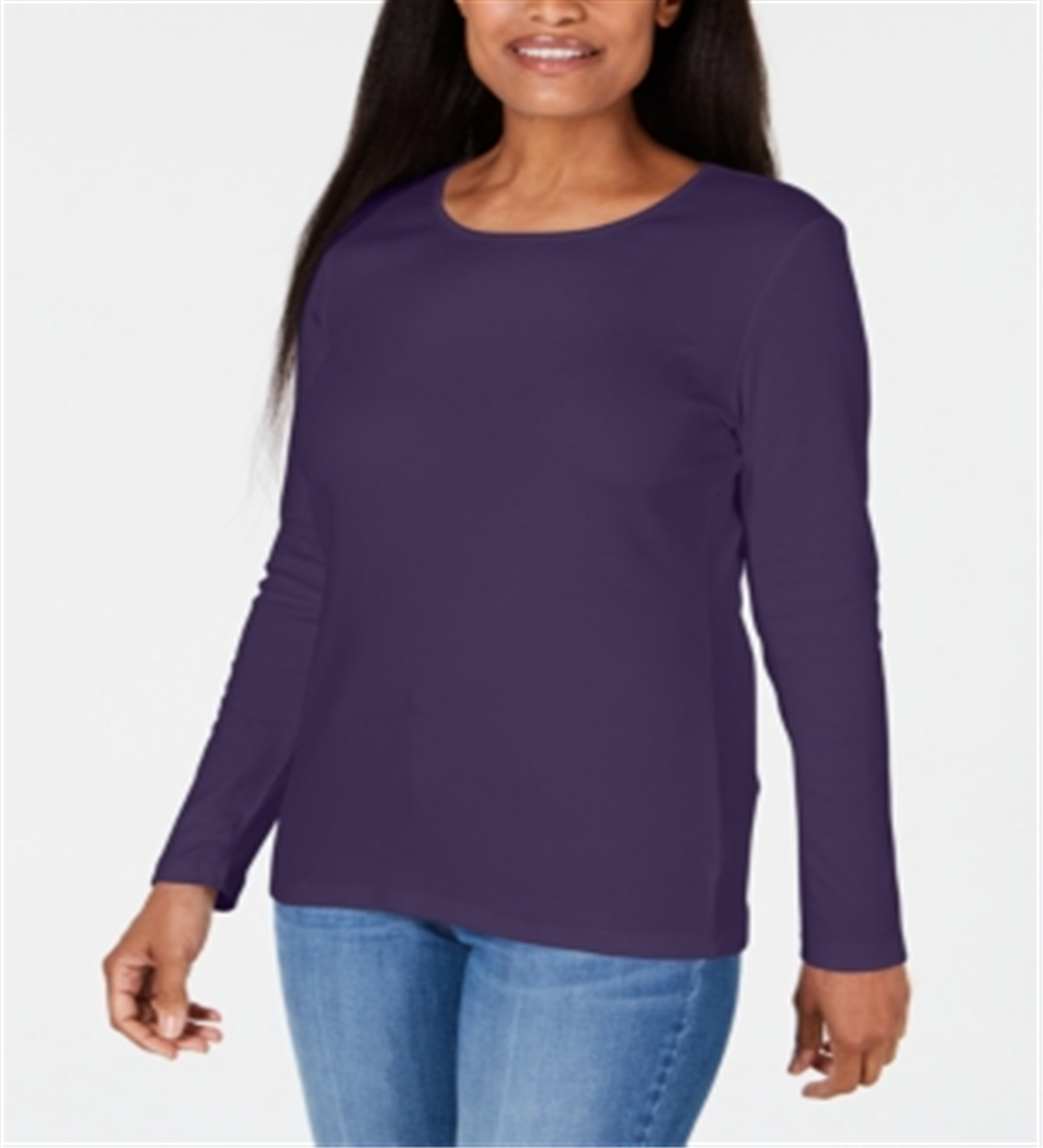 Karen Scott Women's Satin-Trim Scoop-Neck Top Purple Size Small