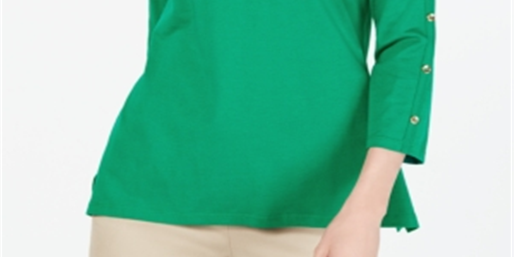 Charter Club Women's Supima Cotton Embellished Top Green Size Small