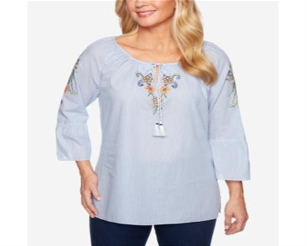 Alfred Dunner Women's 100% Cotton Lake Tahoe Bell Sleeve Top BlueSize 16