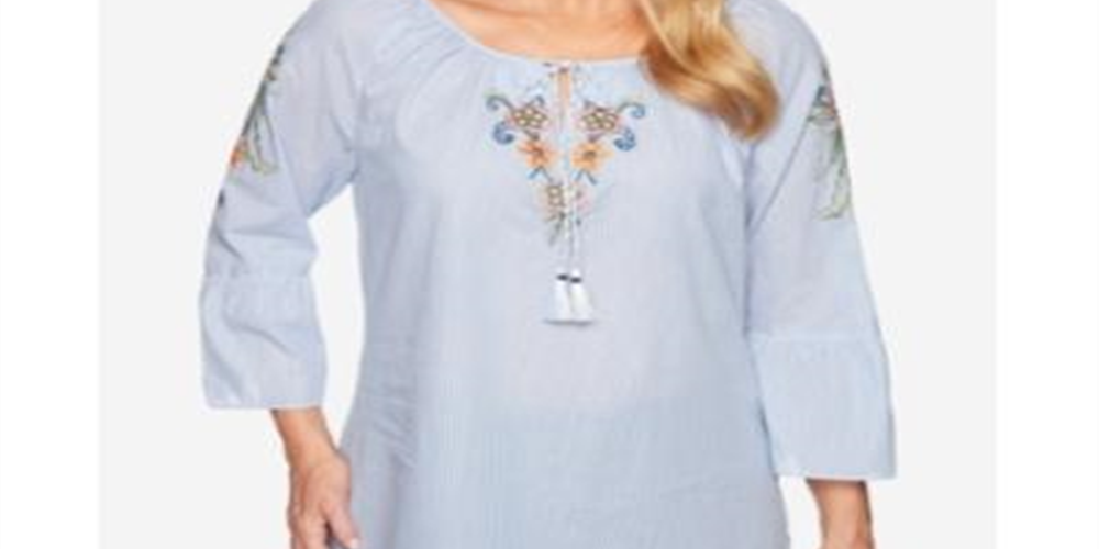 Alfred Dunner Women's 100% Cotton Lake Tahoe Bell Sleeve Top BlueSize 16