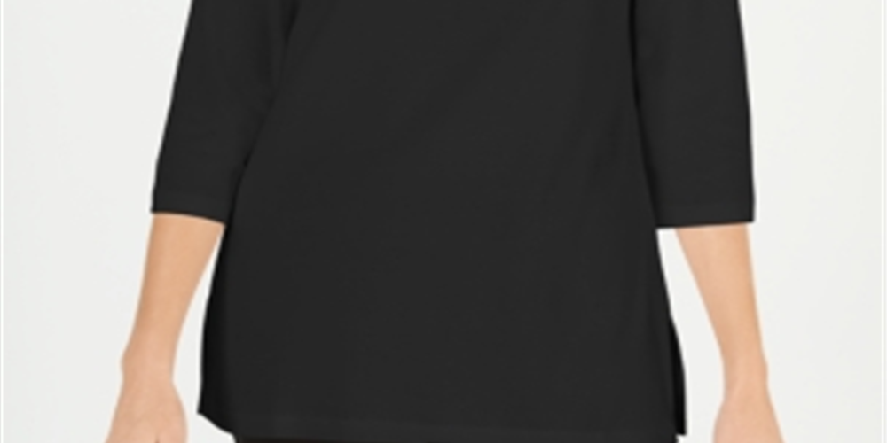 Karen Scott Women's Cotton Boat-Neck 3/4-Sleeve Knit Top Black Size X-Small
