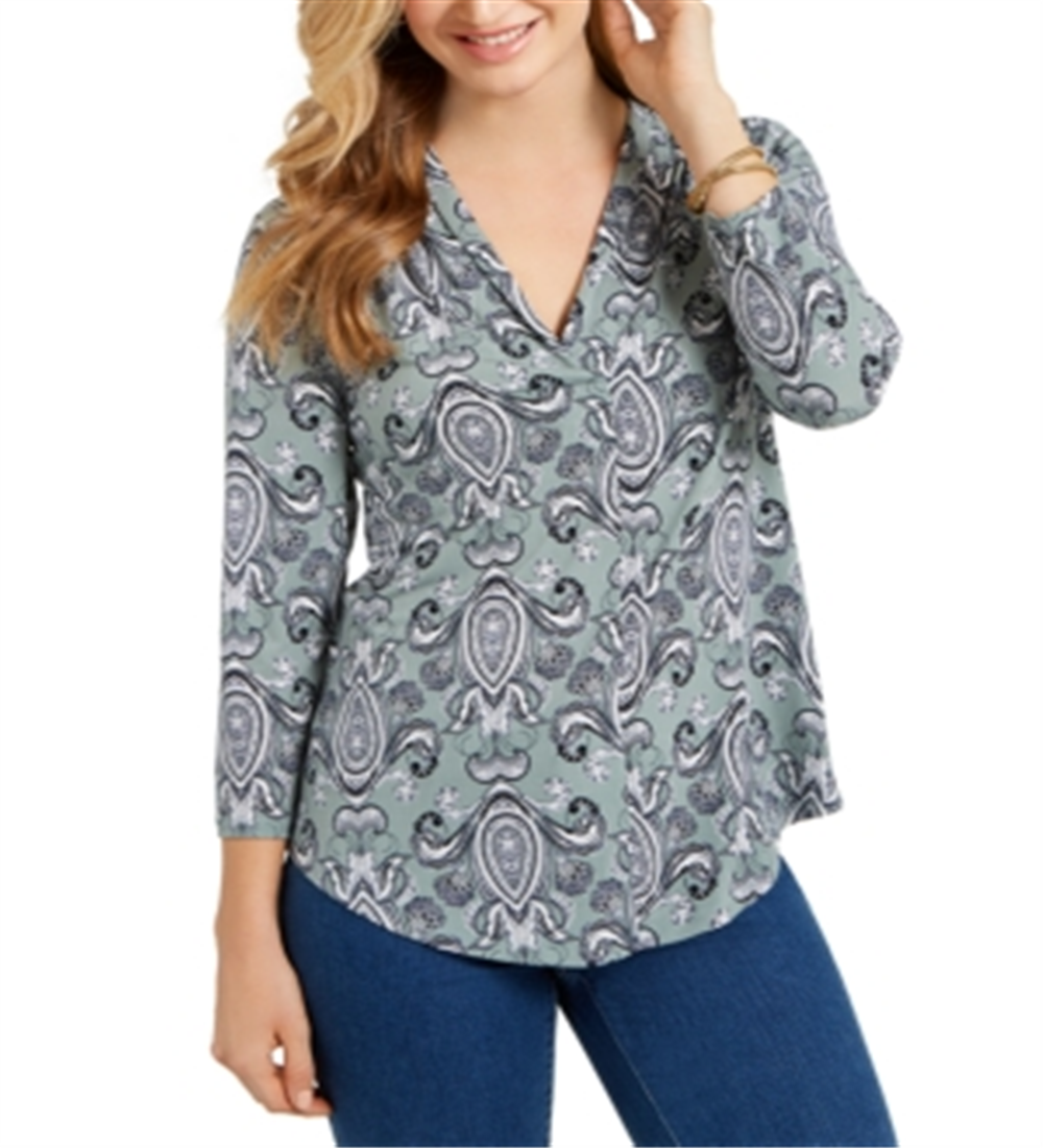 Charter Club Women's Printed V-Neck Top Green Size X-Large