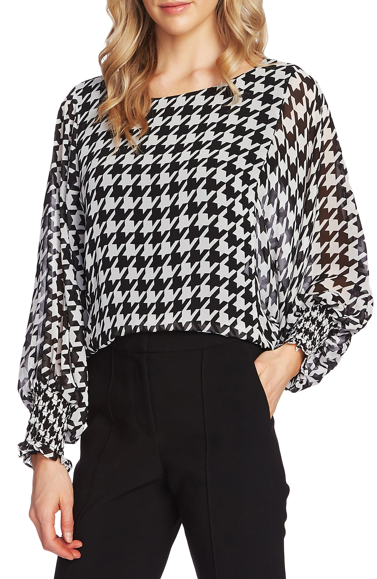 Vince Camuto Women's Batwing Houndstooth Chiffon Overlay Blouse Black Size S