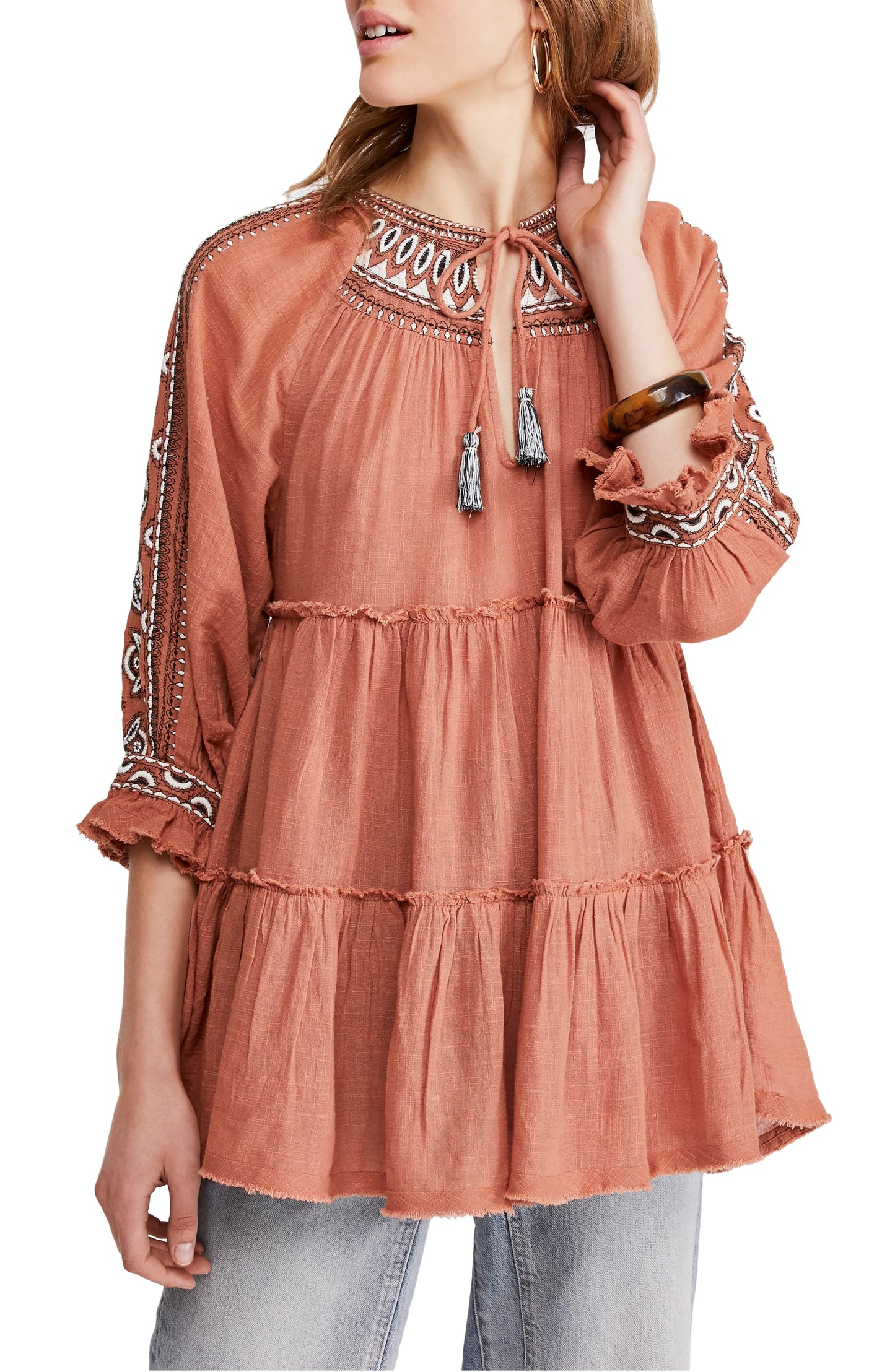 Free People Women's Dreamweaver Embroidered Tunic Top -Terracotta  Size Small