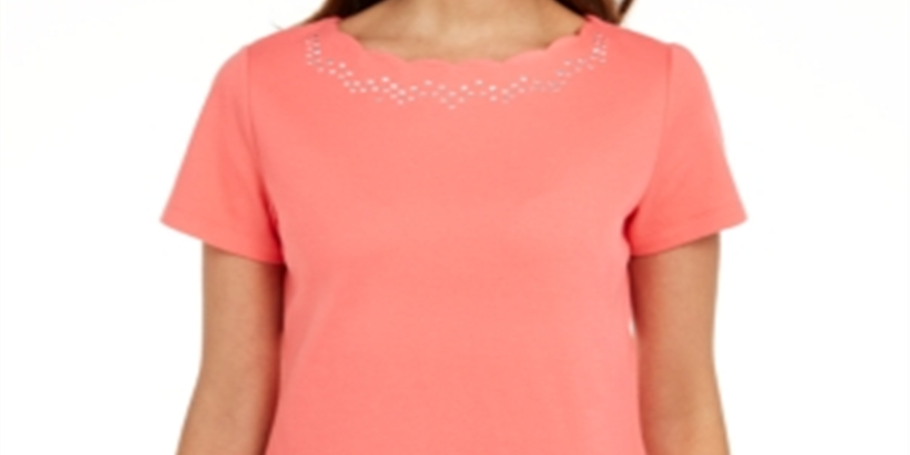 Karen Scott Women's Cotton Scalloped-Neck T-Shirt Orange Size Small
