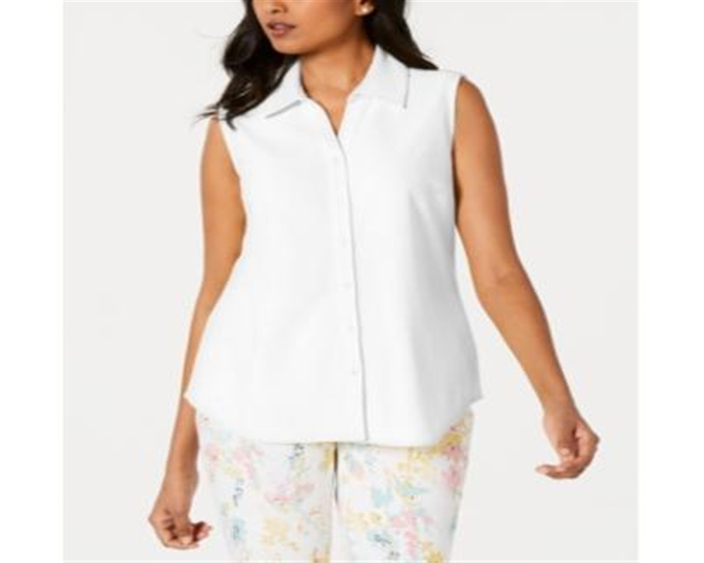 Charter Club Women's Cotton Pique Sleeveless Shirt White Size 8