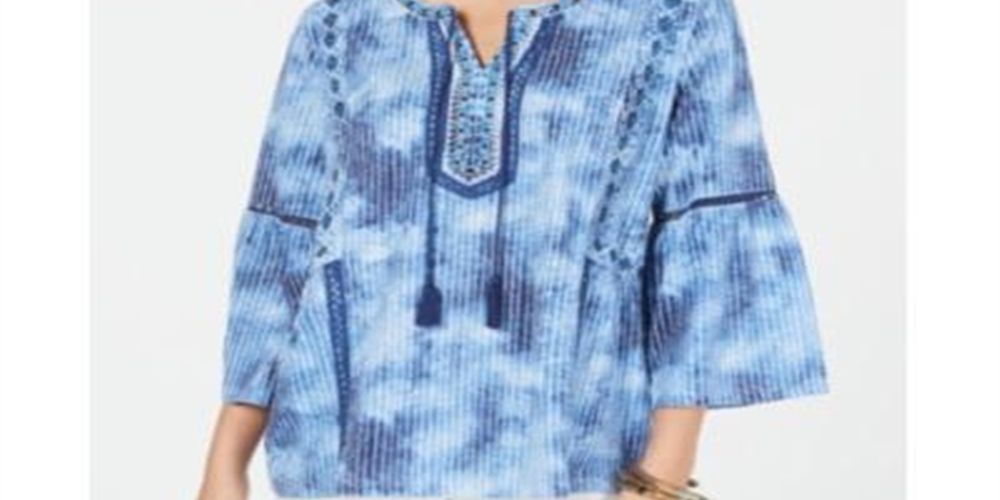 Style & Co Women's Split-Neck Tassel Trim Top Blue Size X-Small
