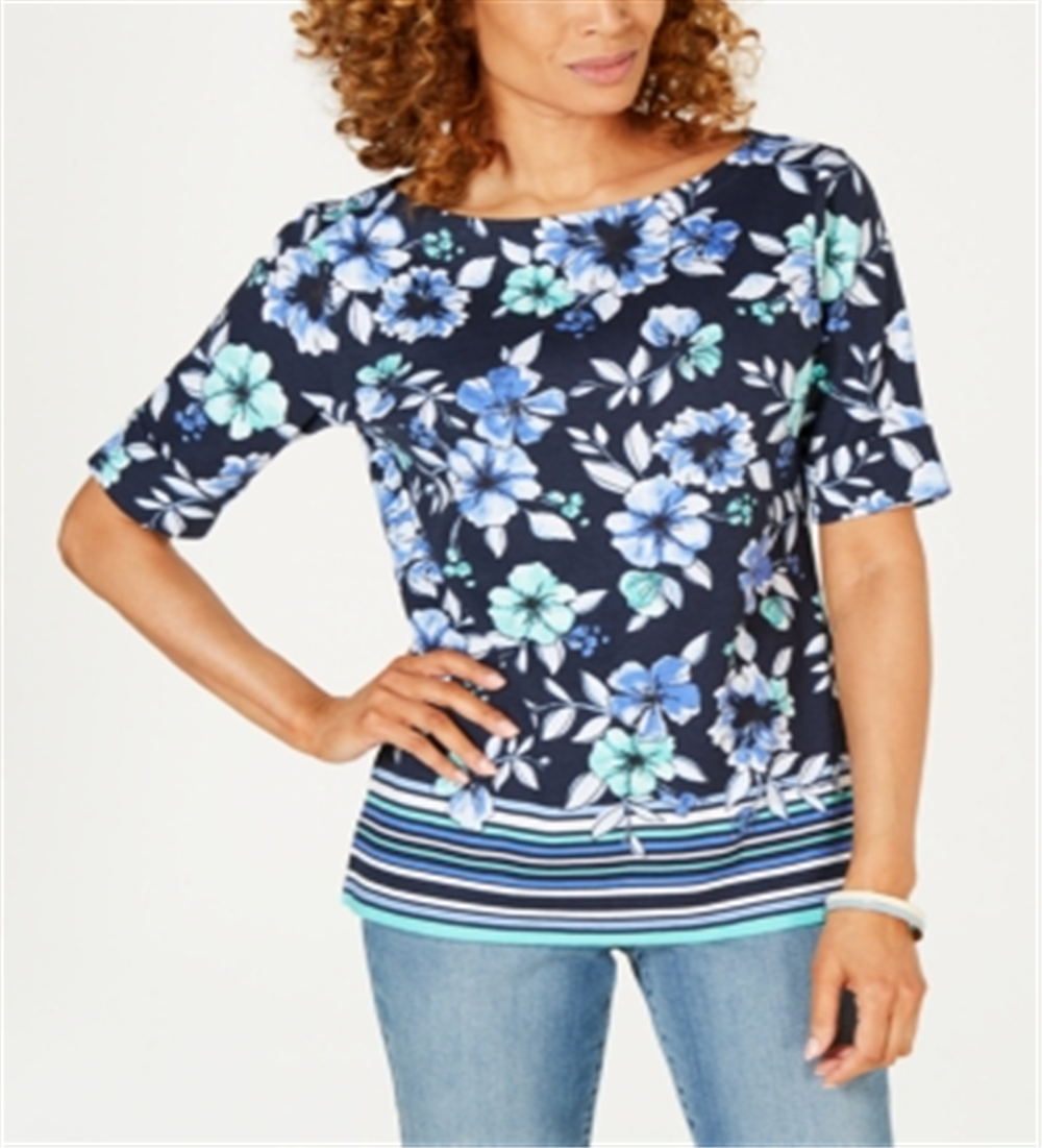 Karen Scott Women's Printed Boat Neck Top Blue Size Petite S