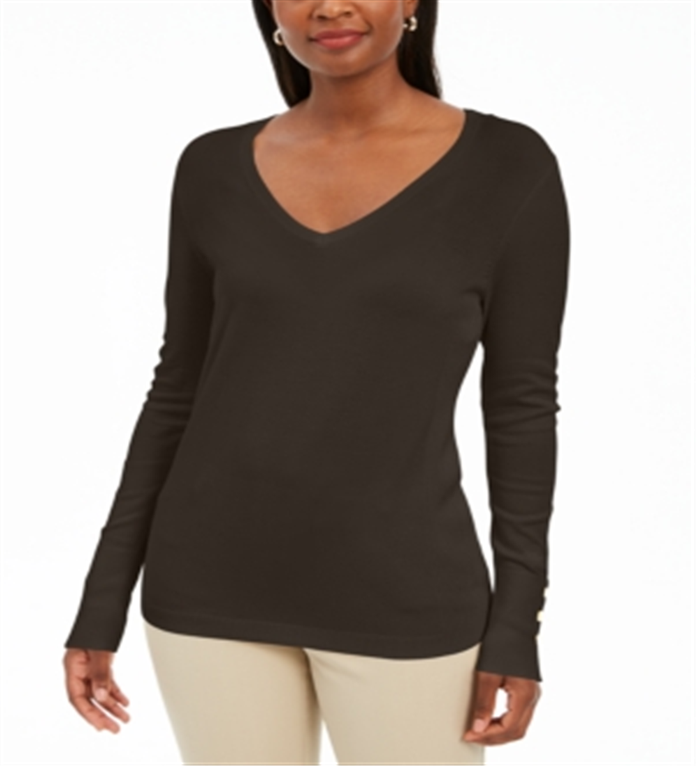 JM Collection Women's Embellished Sleeve V Neck Sweater Gift Espresso Size XX-Large