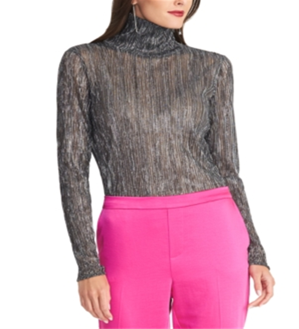 Rachel Roy Women's Metallic Pleated Turtleneck Top Gray Size Large