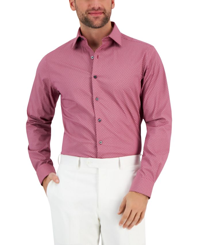 अल्फानी पुरुषों की स्लिम फिट दाग प्रतिरोधी पज़ल प्रिंट ड्रेस शर्ट लाल साइज़ 15X32X33