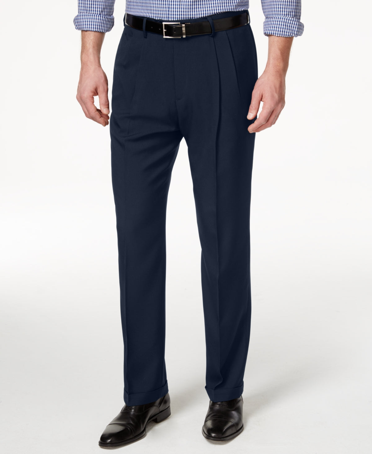 Haggar Men's Eclo Stria Classic Fit Pleated Hidden Expandable Waistband Dress Pants Blue Size 40X32