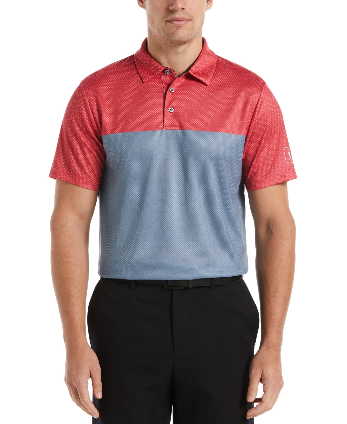 PGA TOUR Men's Athletic Fit Airflux Birdseye Block Print Short Sleeve Golf Polo Shirt Red Size X-Large