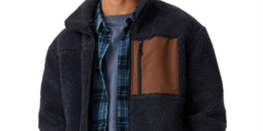 COTTON ON Men's Pocket Teddy Zip Through Fleece Sweater Blue Size Large