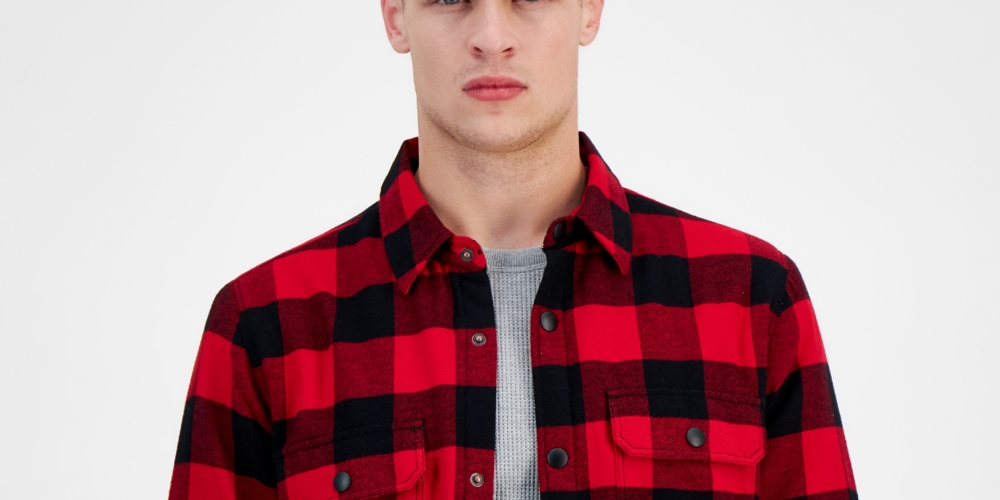 Sun + Stone Men's Carter Buffalo Plaid Long Sleeve Button Up Flannel Shirt Jacket Red Size Small