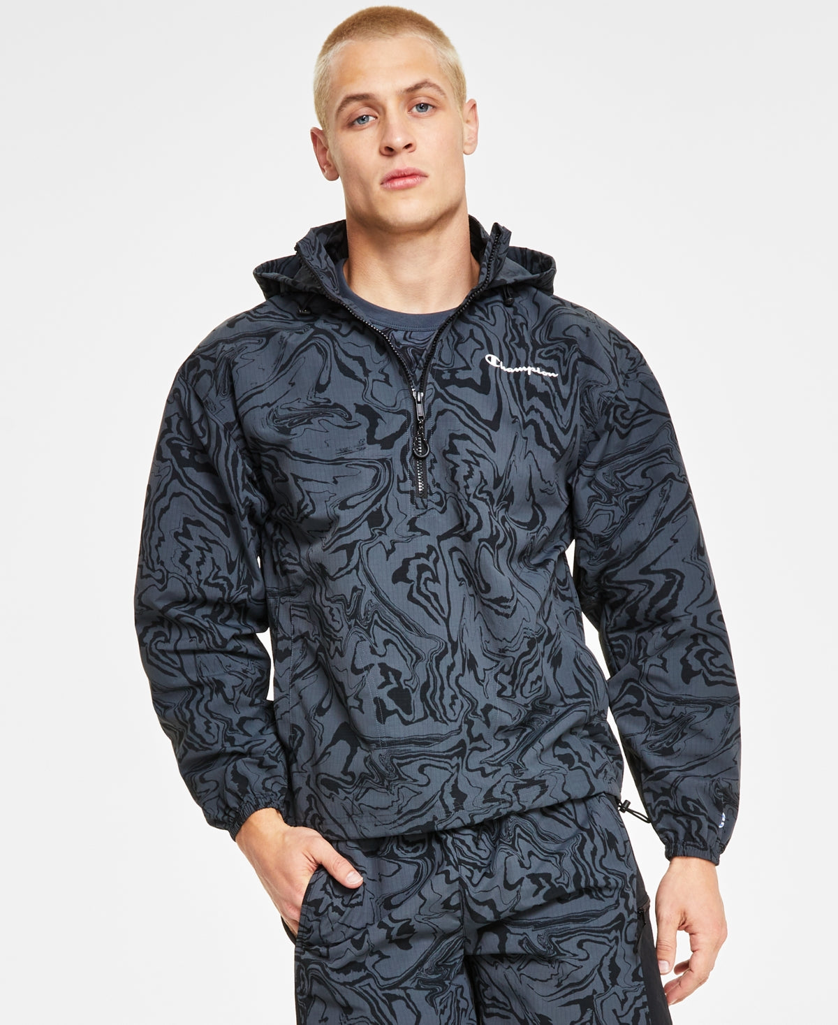 Champion Men's Standard Fit Logo Print Water Resistant Ripstop Anorak Black Size Large