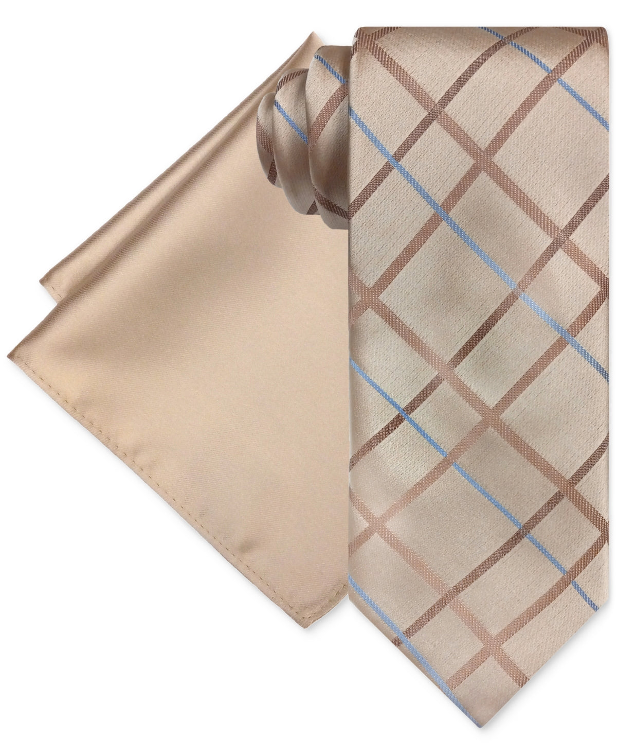 Steve Harvey Men's Grid Tie & Pocket Square Set Beige Size Regular