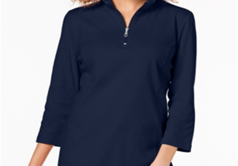 Karen Scott Women's Cotton Half-Zip Mock-Neck Top Navy Size S