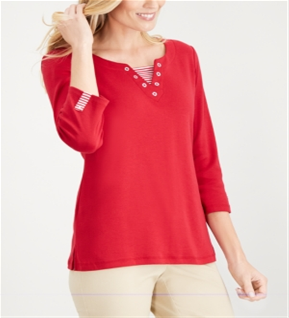 Karen Scott Women's Knit Striped Grommet V Neck Red Size X-Large