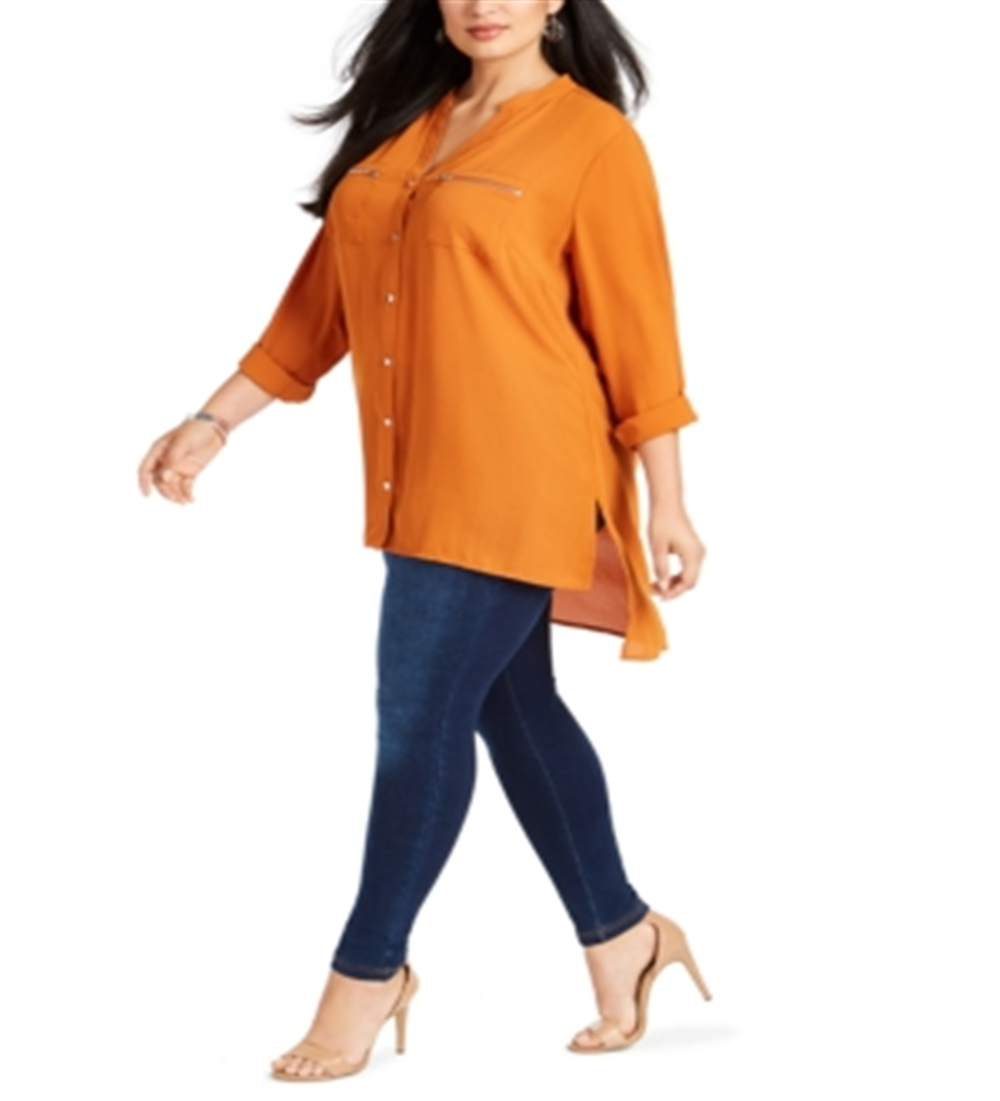 NY Collection Women's Y Neck High Low Blouse Orange Size 2X