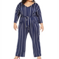 NY Collection Women's Printed Tie Front Gaucho Jumpsuit Blue Size 1X