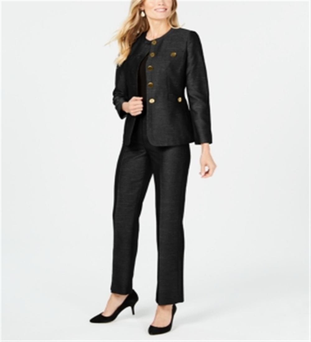Le Suit महिलाओं का बटन डिटेल पैंटसूट काला साइज़ 18