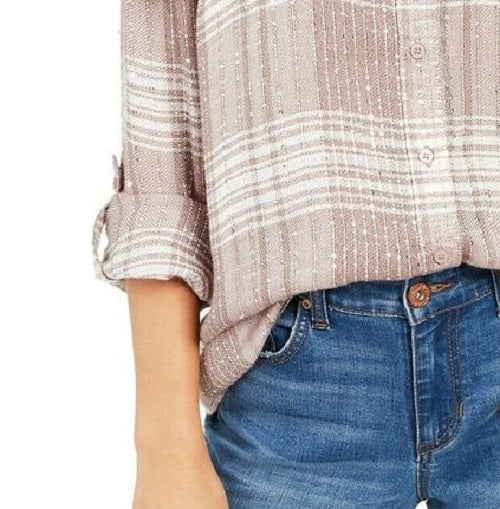 Style & Co Women's Sparkle Plaid Shirt Beige Size Small