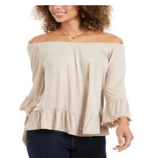 Style & Co Women's Off-The-Shoulder Bell-Sleeve Top Brown Size Medium